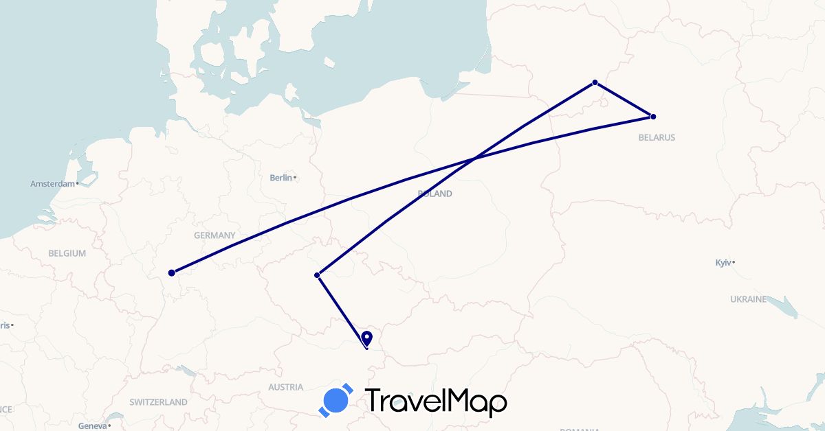 TravelMap itinerary: driving in Austria, Belarus, Czech Republic, Germany, Lithuania (Europe)